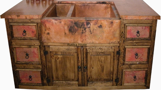 Front view of the rustic kitchen cabinet set with copper sink and countertop