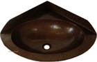 corner copper bathroom sink with dark patina finish