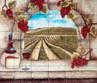 Hand-painted tile mural showcasing a picturesque vineyard scene framed by a rustic stone archway with grape clusters, Chianti wine bottle, and rolling hills.