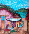 Hand-painted Mexican tile mural depicting a vibrant village market scene with a woman vendor, colorful produce, and picturesque lakeside scenery.