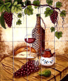 Hand-painted tile mural featuring rustic bread, vintage wicker wine bottle, floral pitcher, ripe fruits, and golden crust loaf, evoking countryside charm.