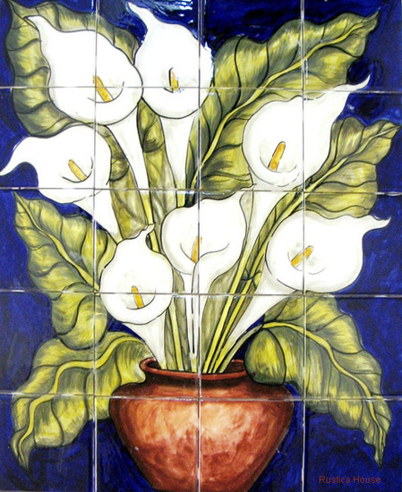 tile mural vase of calla lilies