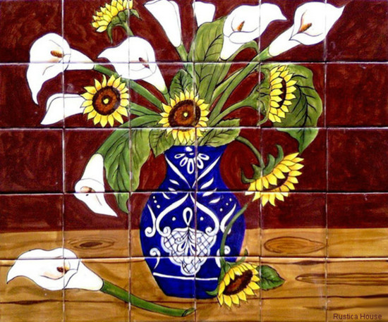 tile mural sunflowers and calla lilies