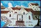 white village colorful tile mural