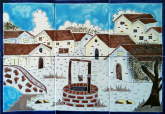 white village colorful tile mural