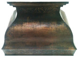 Hand-hammered Baton Rouge copper range hood with decorative hand-punched patterns and a custom patina finish.