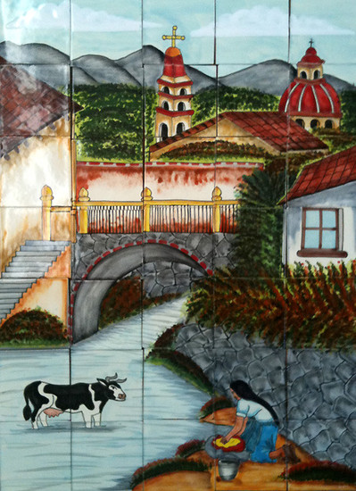 River through the village  kitchen tile mural