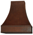 Boston style copper oven hood featuring a sloping shape, horizontal strap details, and a dark coffee patina.