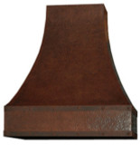 Boston style copper oven hood featuring a sloping shape, horizontal strap details, and a dark coffee patina.