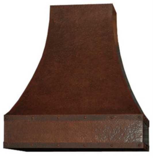 Boston style copper oven hood featuring a sloping shape, horizontal strap details, and a dark coffee patina.