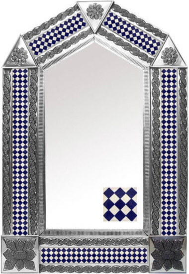 tin mirror with rustic tiles