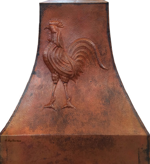 Rooster Copper Range Hood with hand-hammered rooster design in antique patina
