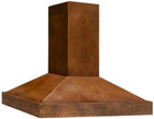 General View: Copper range hood designed for central island kitchens with a hammered finish.