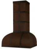 Huntington style copper range hood with a tall chimney, oversized barrel hood, and dark coffee patina finish.