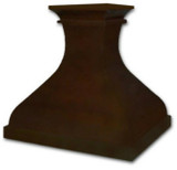 Jacksonville style copper range hood with a bell shape, wide crown molding, and dark coffee patina finish.