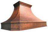 Lincoln copper range hood with pyramid shape, natural fired patina and wide base apron.