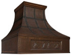 Copper range hood with decorative punched apron straps and antique finish