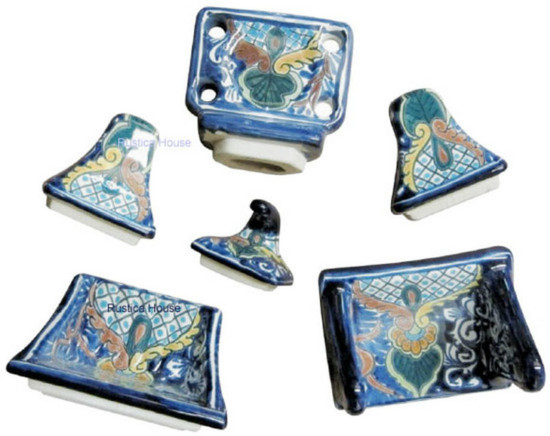 blue green ceramic bath accessory set