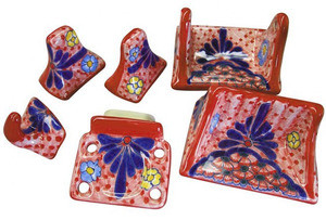 red blue ceramic bath accessory set