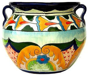 hand painted talavera flower planter green yellow