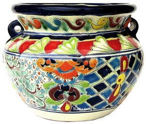 mexican talavera flower planter red blue