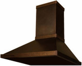 Minneapolis style copper range hood with a modern pyramid shape and tall chimney.