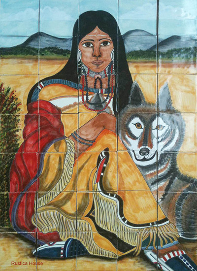 woman and coyote shower tile mural
