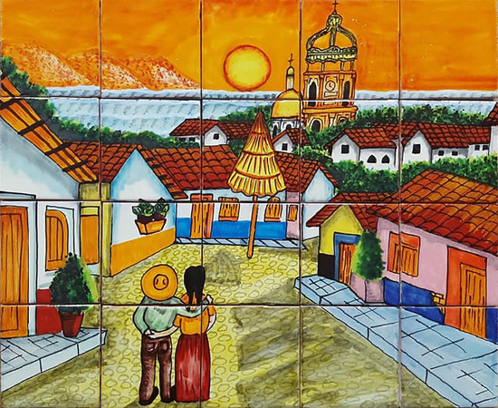 couple in town wall tile mural