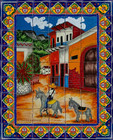 tile mural town and donkeys