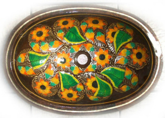 oval copper bathroom sink with sunflower