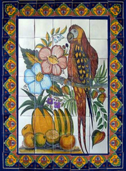 tile mural parrot and fruit