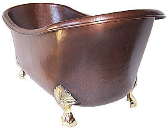 Product Front View: Vermont copper bathtub front view showcasing bronze clawfoot legs and dark patina finish.