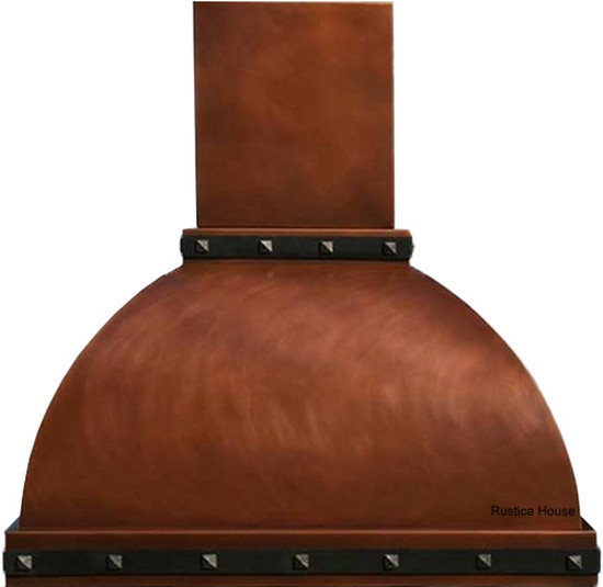 Rustic copper vent hood with bell shape and tall chimney