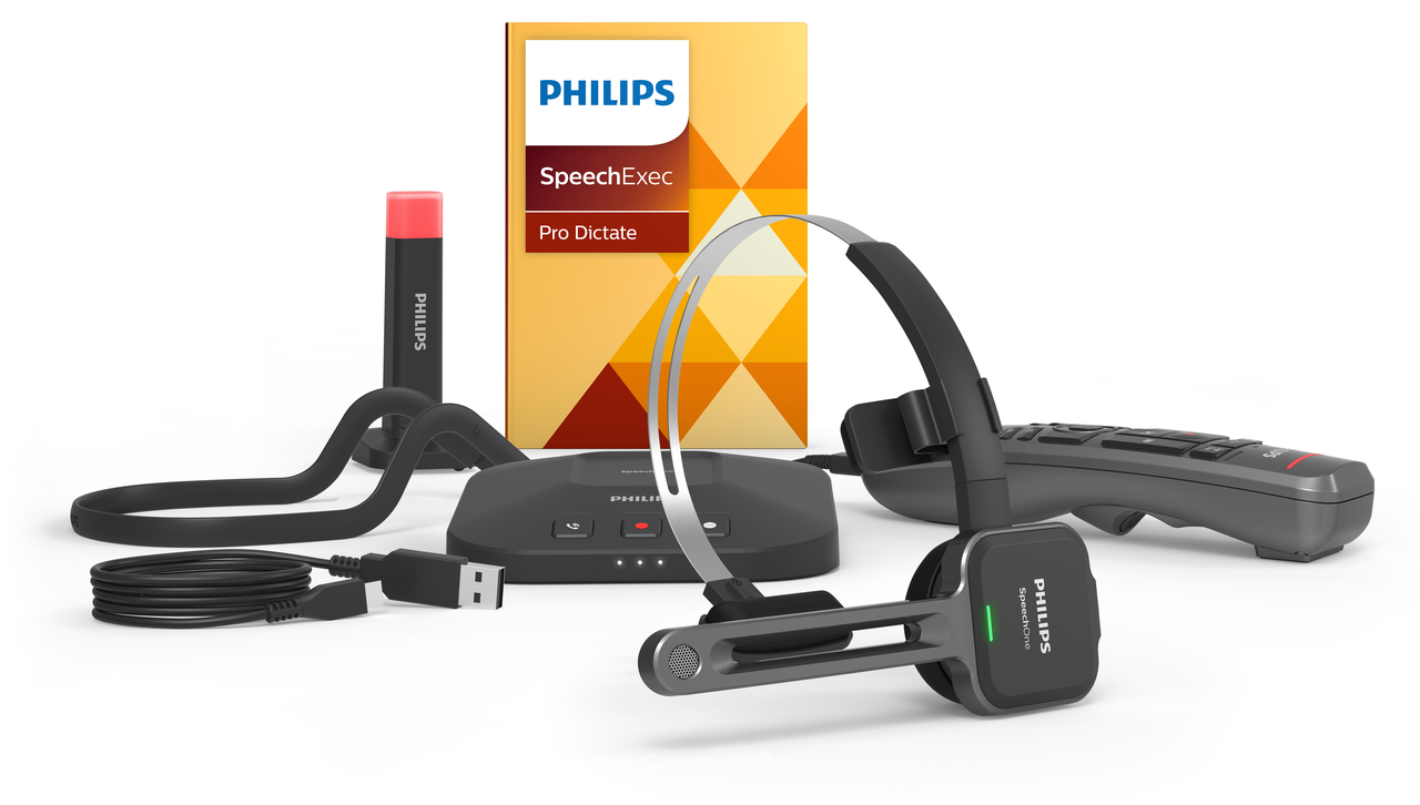 Philips SpeechOne Wireless Dictation Headset, Docking Station, Status  Light, Remote Control and SpeechExec Pro Dictate Dictation Software 2 Year  Subscription