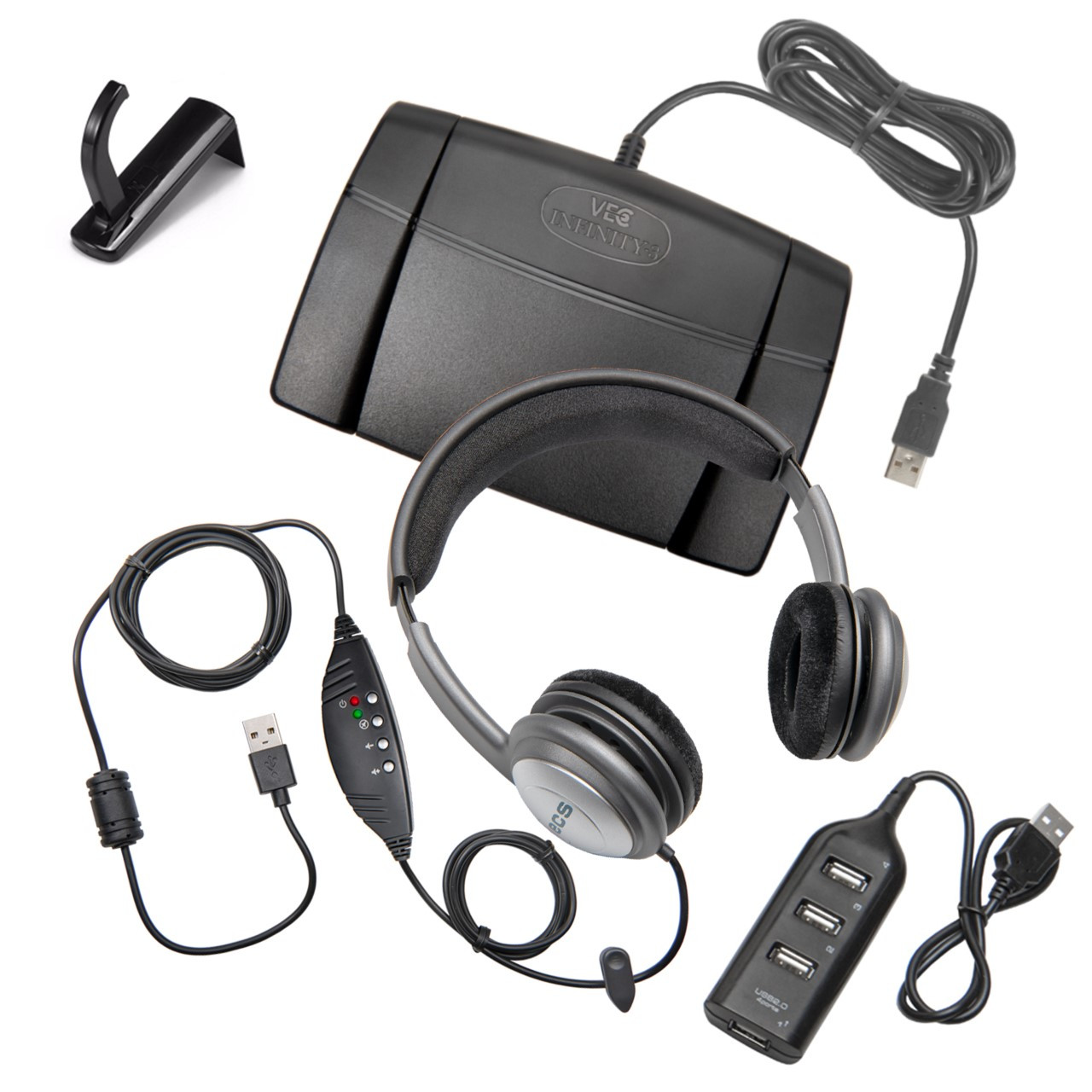 Infinity-3 USB Foot Pedal with Overhead OHUSB Headset, Headphone Hook  Holder Hanger and USB Hub