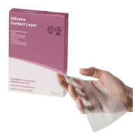 Cardinal Health Silicone Contact Layer 3" x 4".  Sterile, occlusive wound dressing made with a conformable, open mesh struction and gentle silicone adhesive.  Helps facilitate fluid transfer and provide fixation and protection to the w  55SCL34-Box