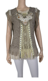 pretty angel Ecru & Brown Lace Overlay Embroidered Top