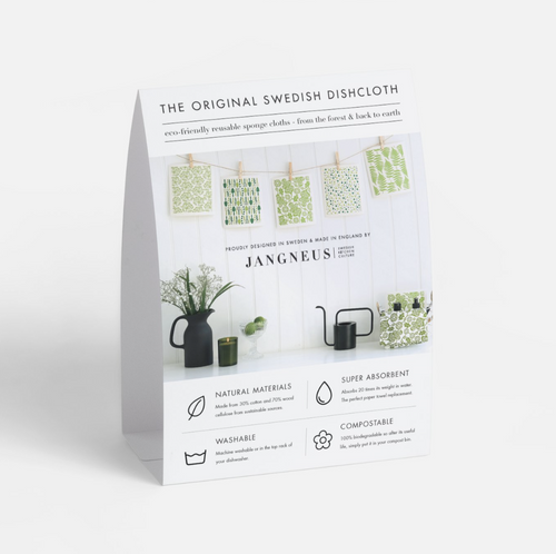  6"x8" Shelf Talker!  This attractive banner is a great way to educate your customers on the many benefits and uses of Swedish dishcloths.

