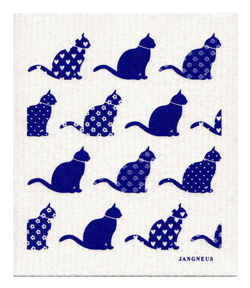 Swedish dishcloth 100% biodegradable 7 by 8 inches, Blue cats by Jangneus