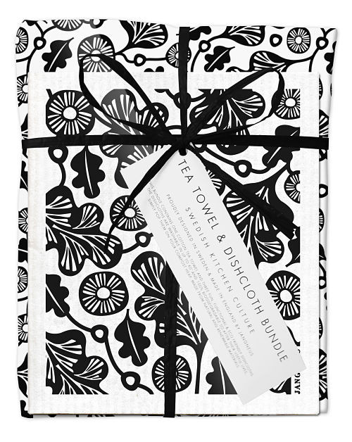 Bundle with 1 tea towel and 2 matching dishcloths oak leaf black