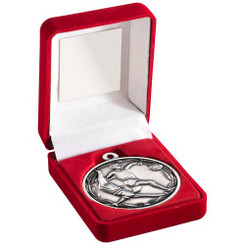 Red Velvet Box And 50mm Football Medal Trophy Antique Silver - 3.5"