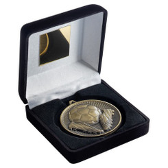Black Velvet Box And 60mm Medal Football Trophy - Antique Gold 4"