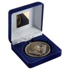 Blue Velvet Box And 60mm Medal Rugby Trophy - Antique Gold - 4"