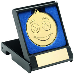 Black Plastic Box With 50mm Gold Smiley Face Medal Trophy - 3.5"