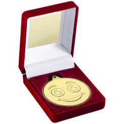 Red Velvet Box And Gold 50mm Medal Smiley Face Trophy - 3.5"