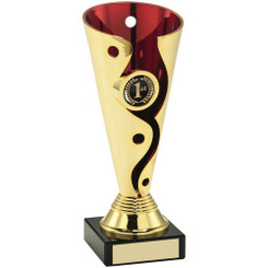 Gold/Red Plastic Swirl And Dot Trophy With Plate - 6"