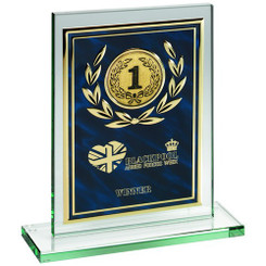 Jade Glass Plaque With Blue/Gold AluMinium Front Trophy - (2" Centre) 8"