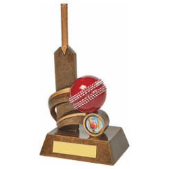 Resin Cricket Bat Trophy with Red Ball - 21cm