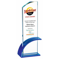 Clear Glass Award with Blue Metal Base - 25cm