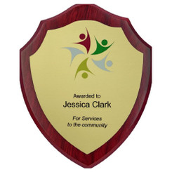 Wood Shield Award with Colour Laminate Front - PLEASE SPECIFY COLOUR IN NOTES - 15cm